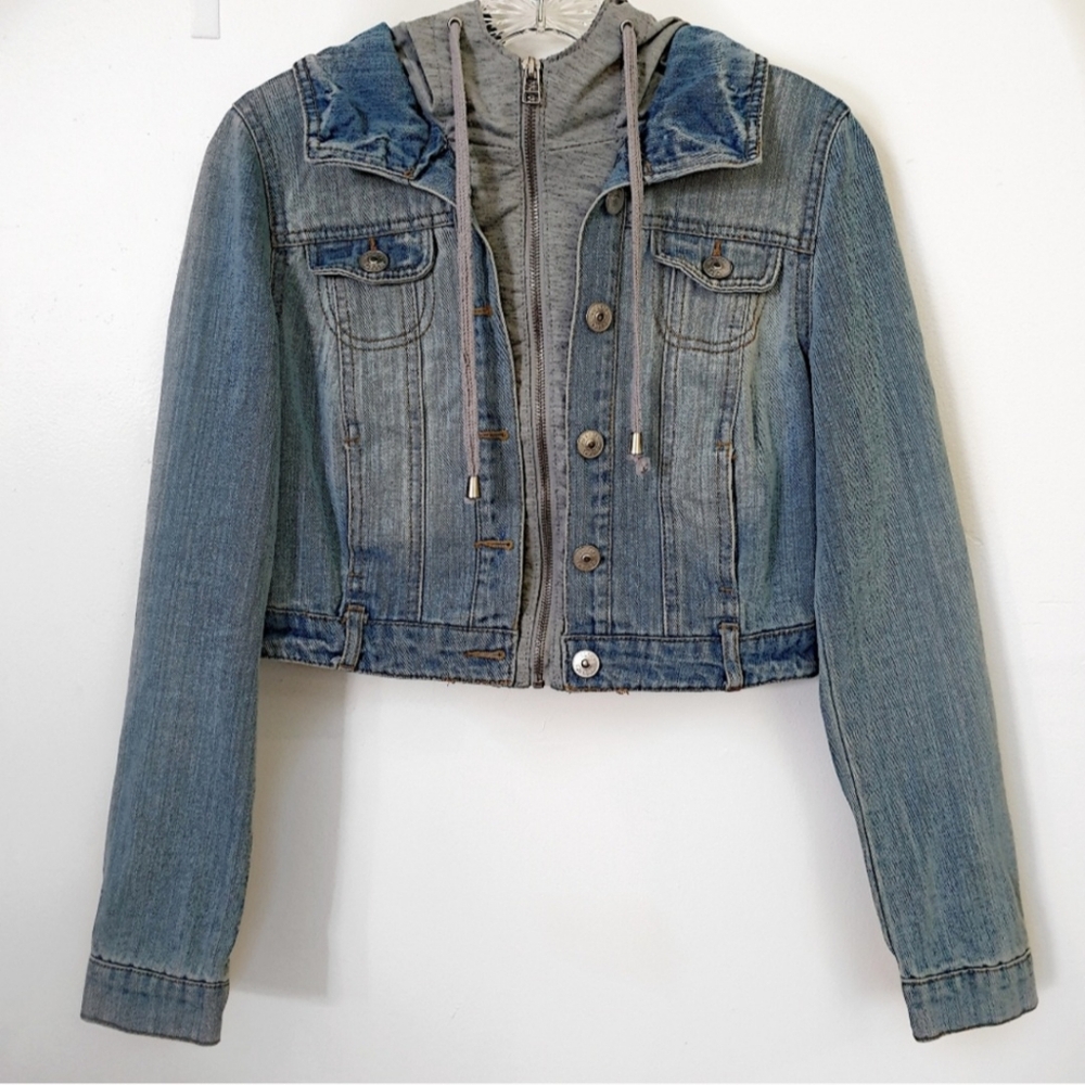 Denim jacket with attached hoodie